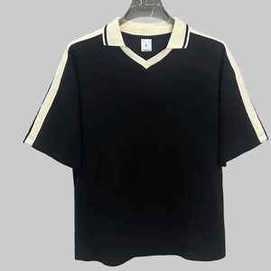 เสื้อโปโลถักสีกรมท่าสำหรับผู้ชาย แขนสั้น ดีไซน์คอวี ทรงปกติ สีตัดต่อ สไตล์ลำลอง - Product Image 4