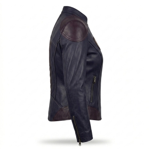 Womens Navy Blue Burgundy Two Tone Real Leather Biker Motorcycle Jacket Asymmetric Zip <b>Stand</b> Collar <b>Slim</b> Fit <b>Coat</b> - Product Image 3