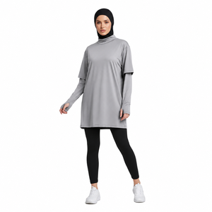 Modest <b>Women</b> Long Sleeve Tunic Top Loose Fit Solid Grey Extra Long Sleeves Muslim Sportswear - Product Image 1