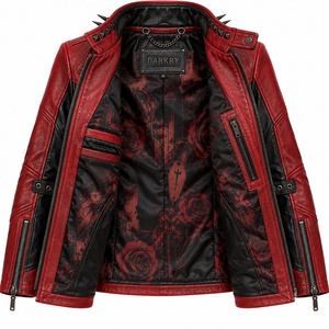 <b>Women</b> Red Genuine Leather <b>Jacket</b> Gothic Harley Girl Rose Print Spiked Stud Stand Collar Buckle Waist Long Coat Factory Offer - Product Image 5