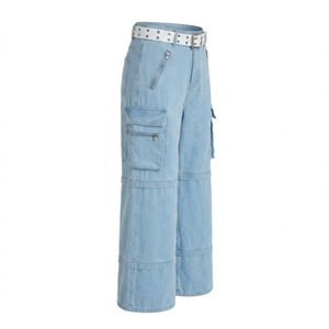 Pantalones Cargo de Mezclilla Ecológicos con Corte Boot Cut para Hombre, con Cinturón Blanco, Multibolsillos, Estilo Hip Hop, Holgados, con Botones - Product Image 2