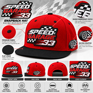 Casquette de course automobile Snapback avec broderie 3D, visière plate, rouge et noir, structurée, 6 panneaux, réglable, pour équipe de course - Product Image 6