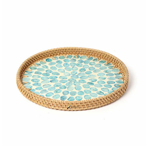 Bandeja Redonda de Madera y Ratán con Elegante Incrustación de Madreperla Azul para Decoración del Hogar, Regalo de Inauguración y Presentación de Alimentos - Product Image 5