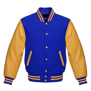 Veste de baseball personnalisée pour homme, style Letterman, bleu royal, laine et manches en cuir véritable jaune doré, style bomber. - Product Image 1