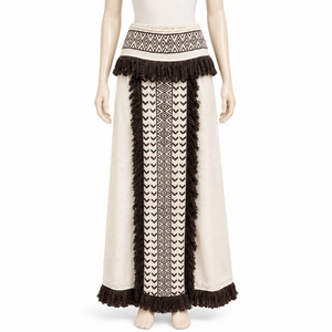 Monochrome Ethnic Maxi <b>Skirt</b> Black Fringe Trim <b>Elastic</b> <b>Waist</b> Womens Boho | Lightweight Festival Beach Resort Casual Summer Wears - Product Image 1