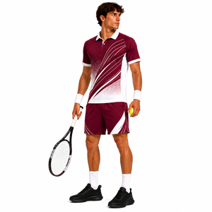 Conjunto de Camiseta y Pantalones Cortos de Tenis para Hombre, Color Granate y Blanco, Sublimado, 100% Poliéster, Absorbe la Humedad, Cintura Elástica, Personalizable para Equipos, Deporte de Verano - Product Image 5