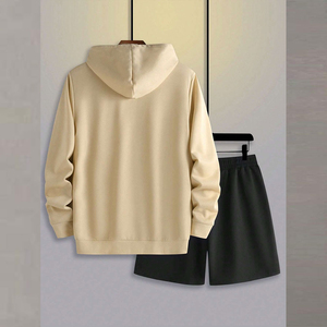 Conjunto Premium de Sudadera con Capucha y Pantalones Cortos para Hombre, Color Crema, Manga Regular, Color Sólido, Sudadera Informal de Felpa con Bolsillo Canguro, Ropa de Otoño - Product Image 6