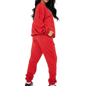 Conjunto Deportivo Rojo para Mujer, Color Sólido, Manga Larga, Casual, Cuello Redondo, Corte Holgado, 100% Algodón, Estampado de Letras - Product Image 5