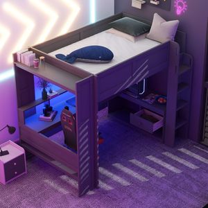 Dark Gray Full-Size Gaming Loft <b>Bed</b> with <b>LED</b> Charging Station & Multi-Storage Shelves Kids' <b>Bed</b> Desk Shelves Old SKU SM000374AAE - Product Image 4