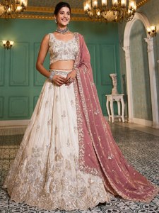 Beige Silk Floral Embroidery Floor-Length <b>Lehenga</b> Choli Set Pink Dupatta Wedding Indian Pakistani Dress <b>Women</b> Summer Winter - Product Image 1