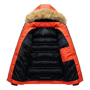 Blouson d'hiver matelassé à capuche pour homme, coupe-vent, avec blocs de couleur orange et noir, fermeture éclair, décontracté, en polyester épais, coupe régulière - Product Image 3
