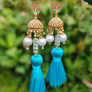 Ethnic Gold Plated Drop Hoop Earrings with Turquoise Pearl and Quartz Tassel - Product Image 3