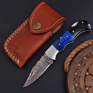 Nordic Forge Industrial Grade Damascus Steel Folding Blade Knife Black Resin Pakka Wood Handle Sheath Pocket EDC Hunting Knife - Product Image 1