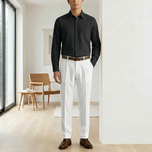 Ensemble chemise et pantalon pour homme, 100% polyester tissé, respirant, bleu clair, manches longues, boutonné, pantalon plissé, tenue décontractée pour le bureau - Product Image 5