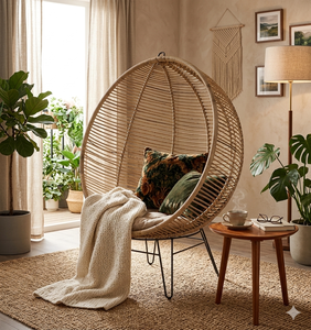 Modern Handwoven Natural Rattan Wicker Egg <b>Chair</b> Oval Patio Lounge Armchair With Metal Legs For <b>Garden</b> Balcony Home Furniture - Product Image 6