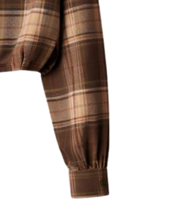 Chemisier court marron à carreaux personnalisé pour femme, col rabattu, manches longues, boutonné, style décontracté, fabricant et fournisseur OEM - Product Image 2