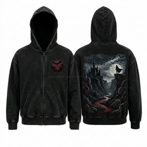 Sweat à capuche surdimensionné personnalisé pour homme, noir délavé, style vintage, imprimé graphique gothique vampire météorologie, en coton épais - Product Image 2