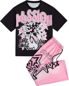 Ensemble streetwear Y2K personnalisé pour homme, t-shirt oversize à imprimé graphique sur le devant, jogging assorti, survêtement bleu étoilé, deux pièces respirantes - Product Image 5