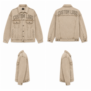 Veste en jean personnalisée avec logo pour homme, décontractée, en coton délavé, avec lettres perlées sur le devant, col rabattu, simple boutonnage - Product Image 5