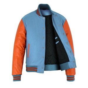 Chaqueta Varsity para Hombre, Azul y Naranja, con Bloques de Color, Ecológica, Estilo Urbano, Cuello Alto de Lana/Cuero, Abrigo Casual de Invierno, Corte Regular - Product Image 1