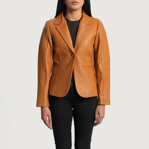 Premium Women Tan Real Leather Blazer <b>Quilted</b> Diamond <b>Pattern</b> Slim Fit Soft Sheepskin Business Casual Leather <b>Jacket</b> Coat - Product Image 1