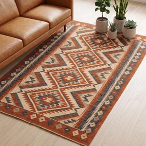 Tapis Kilim en Laine Tissé Main Premium - Tapis de Sol Plat à Motifs Géométriques Tribaux Diamantés Terracotta Style Sud-Ouest - Product Image 3
