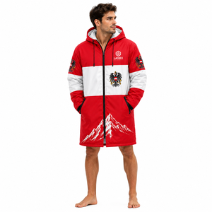 Custom Logo Austria Flag Swim Parka | Windproof Waterproof Hooded Long Jacket with Soft Fleece Interior for <b>Coaches</b> and Swimmers - Product Image 2