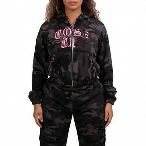Sudadera con Capucha de Camuflaje para Mujer, Color Rosa, con Estampado de Letras, Manga Larga, Cierre Frontal, Transpirable, de Poliéster Tejido, Estilo Hip Hop, para Otoño - Product Image 4
