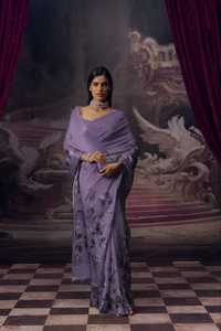 Sari de seda morado con diseño floral de boutique india, blusa a juego, vestido tradicional para mujer, para bodas, banquetes y fiestas, lo último en moda. - Product Image 2