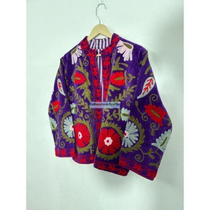 Autumn <b>Coat</b> Floral Embroidery Purple <b>Velvet</b> Embroidered Blazer <b>Women</b> Mandarin Collar Full Sleeve <b>Coat</b> - Product Image 3