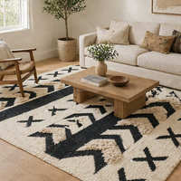 Tapis de sol en coton bohème à tissage plat avec bordure tissée traditionnelle et motif géométrique, écologique et durable