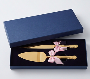 Juego de cuchillo y espátula para pastel dorados, 2 piezas, con mango de lazo rosa, herramientas metálicas para cortar pasteles, para fiestas - Product Image 6