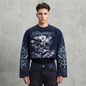 Custom Unisex Oversized Cropped Graphic Long Sleeve T <b>Shirt</b> Vintage Wash Rhinestone Gothic <b>Y2K</b> Streetwear Wholesale 100% Cotton - Product Image 3