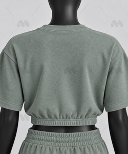 Conjunto de 2 Piezas para Mujer, Color Verde Claro Sólido, Top Corto de Punto de Manga Corta, Pantalones Anchos de Cintura Alta, Cintura Elástica Informal, Invierno - Product Image 3