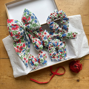 Premium Blue Red Floral Hair <b>Bow</b> <b>Clips</b> and Scrunchie Set for Girls Handmade Cotton Daily Wear Party Hair Accessories Collection - Product Image 3