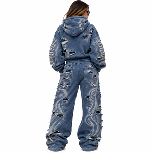 Ensembles survêtement homme en coton épais effet vieilli, coupe oversize, avec strass, style streetwear tendance, OEM - Product Image 4
