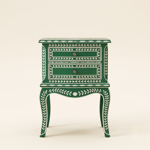 Handmade Modern Eco-Friendly Floral Bone Inlay Green 2 <b>Drawer</b> <b>Side</b> <b>Table</b> Bedroom Living Room Furniture - Product Image 1