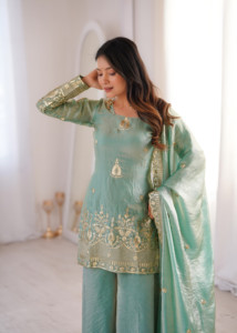 Designer Embroidery Sequence Work Fandy Silk Fully Stitched <b>Top</b> With Sharara Plazzo And Dupatta Ready To Wear - Product Image 3
