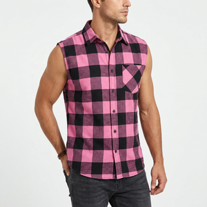 Custom <b>Men's</b> Sleeveless Plaid Flannel <b>Shirt</b> <b>Pink</b> Black Checkered Turn-Down Collar Casual Breathable 100% Cotton Spring Wear - Product Image 1