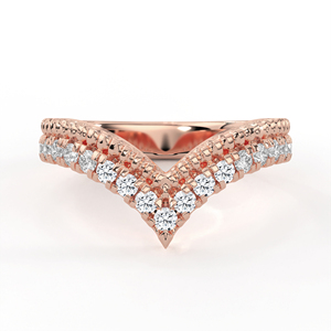 Bague en or massif avec diamant de laboratoire, double couche, motif chevron en V, pavé micro-serti, bande de protection incurvée, bijou - Product Image 1