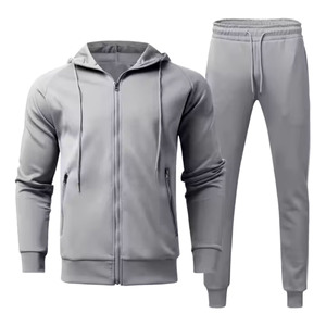 Ensemble de survêtement gris pour homme avec sweat à capuche zippé et pantalon de jogging, couleur unie, décontracté, respirant, en polyester, pour l'automne - Product Image 1