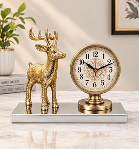 Metal Deer Figurine with Vintage Table <b>Clock</b> on <b>Mirrored</b> Metal Base Antique Brass Finish Home Decor Showpiece - Product Image 2
