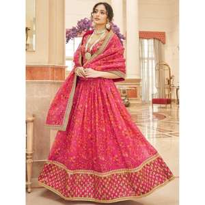 Lehenga choli ผ้าโปร่งพิมพ์ลายดอกไม้สีชมพูแบบดั้งเดิมสำหรับเจ้าสาว - Product Image 6