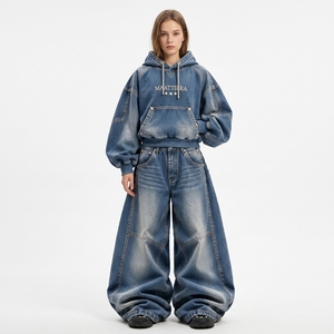 <b>Womens</b> Blue Denim Hoodie Tracksuit Set Oversized <b>Baggy</b> Wide Leg <b>Jeans</b> Vintage Wash Streetwear Custom Clothing Manufacturer - Product Image 1
