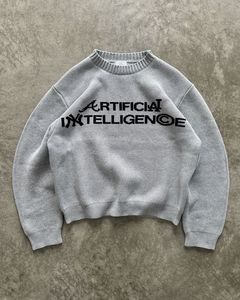 Pull jacquard vintage bleu de qualité supérieure en maille, motif abstrait, streetwear d'hiver, coton épais, coupe ajustée, vente en gros - Product Image 4