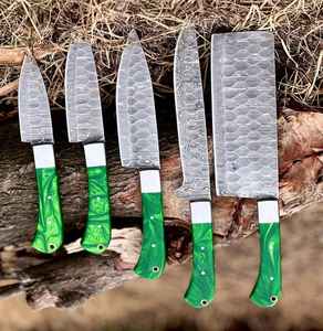 Juego de Cuchillos de Cocina de Acero de Damasco Hechos a Mano de Alta Calidad con Mango Personalizado y Funda de Cuero, OEM Industrial - Product Image 3