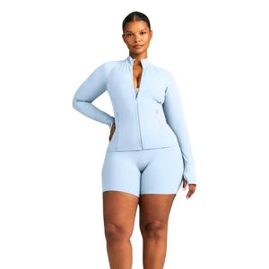 Women's Light <b>Blue</b> <b>Long</b> <b>Sleeve</b> Bodysuit High Neck Fitted Activewear Gym Workout Sports <b>Top</b> Slim Fit Athletic Jumpsuit Custom - Product Image 4