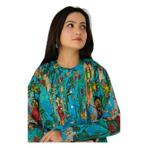 Blusa de Algodón Hecha a Mano para Mujer, Mangas Tres Cuartos, Estilo Boho, Decoración con Botones, Corte Holgado Informal, Blusa Tejida con Estampado Floral para Verano - Product Image 5