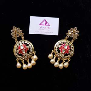 Pearl and Kundan Studded <b>Red</b> Enameled Chandbali <b>Earrings</b> - Product Image 1