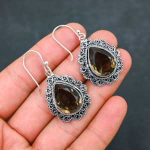 Customised Smokey Quartz LAB-CREATED 925 Sterling Silver <b>Earrings</b> 1.9" Handmade Gemstone Jewelry Antique <b>Fine</b> <b>Earring</b> Gift for W - Product Image 1